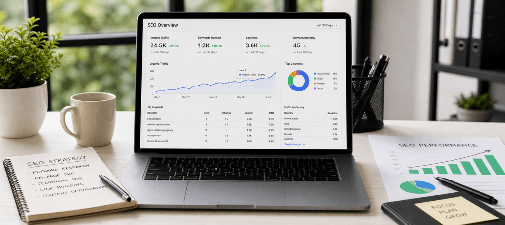 SEO specialist analyzing keyword rankings and organic traffic growth on SEO dashboard for business website